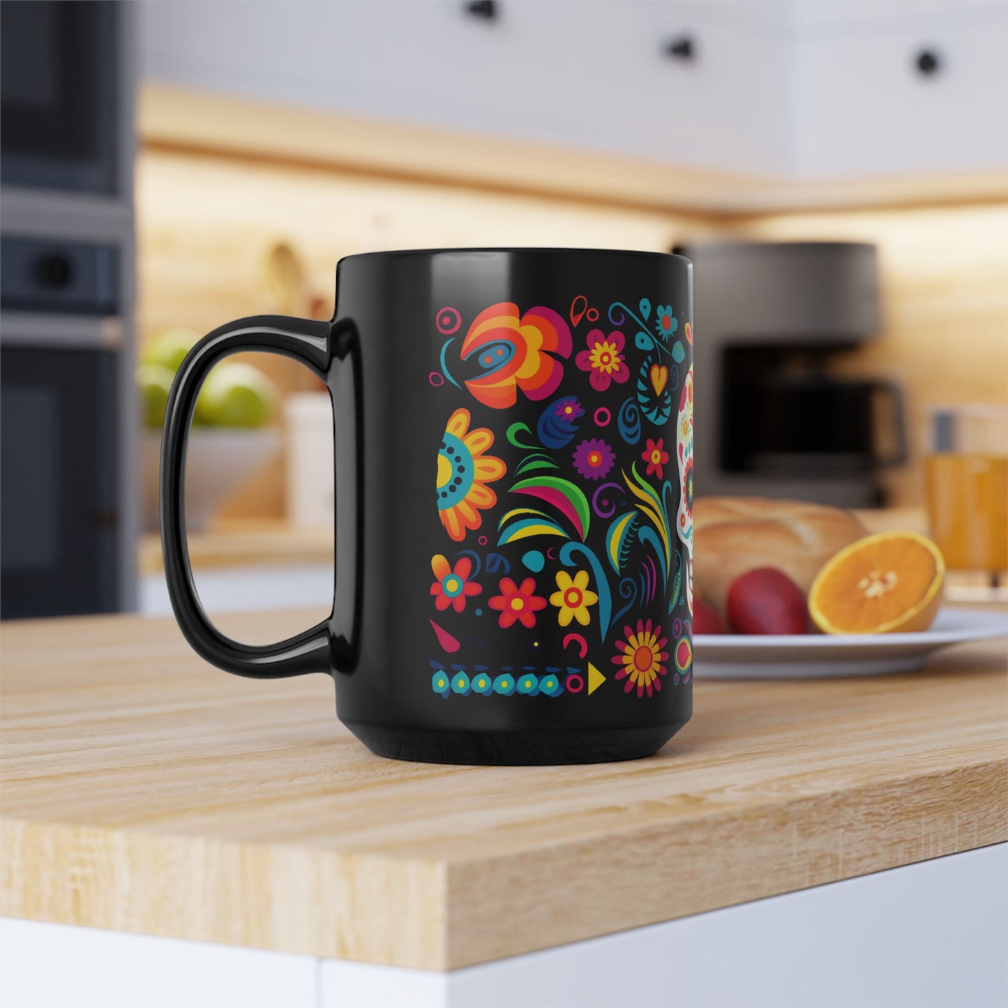 Skull Calavera Día de los Muertos Mug | Black Mug, 15oz , Dia De Muerto , Dia de Muertos Decor